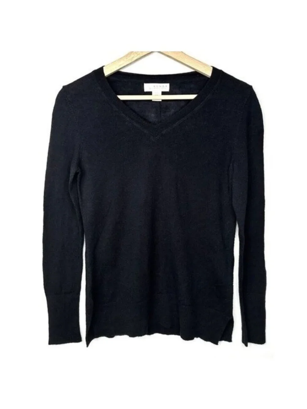 Kenar 100% Merino Wool Sweater Womens M Black V Neck Lightweight Knit Pullover